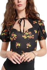 Topshop Women's Floral Print Short Puff Sleeve Tie Bodysuit in Black Size 8-10