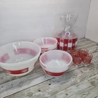 Vintage Lot Of Federal Glass Bowls & Pitcher W/ 4 Shot Glasses Red White Design