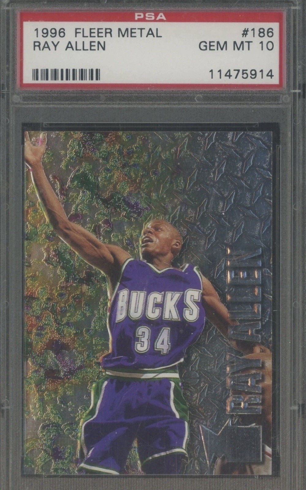 1996 Fleer Metal #186 Ray Allen Milwaukee Bucks RC Rookie HOF PSA 10 GEM MINT