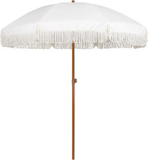 7Ft Cream White Patio Umbrella with Fringe UPF50 Steel Pole Tilt New
