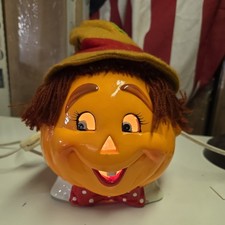 Vintage Ceramic Jack-O-Lantern Pumpkin Light Up With Hair Hat Halloween Rare