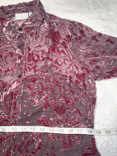 Worthington Velvet Blouse Sz 12 Burgundy Button Up Sheer Long Trumpet Sleeve EUC - Picture 6 of 11