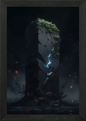 Mystischer Steinmonolith mit blauem E gerahmtes Wandbild Poster Leinwanddruck Bild
