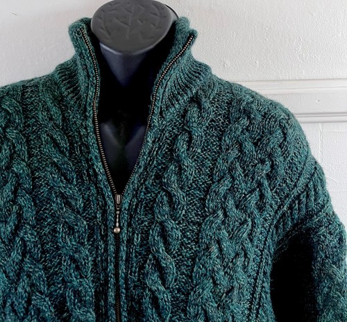 Carraig Donn Aran Sweater Men's 100% Wool Ireland Fisherman Full Zip Green-Sz M - Picture 2 of 10