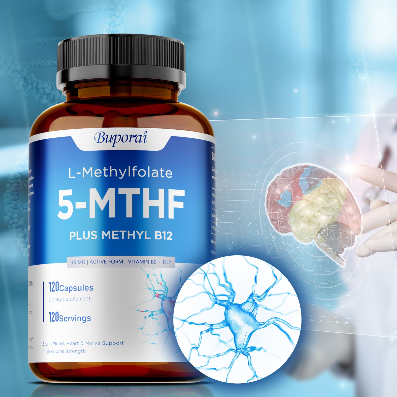 L-Methylfolate 5-MTHF - Vitamin B12 - Brain and Nerve Health, Improved Mood