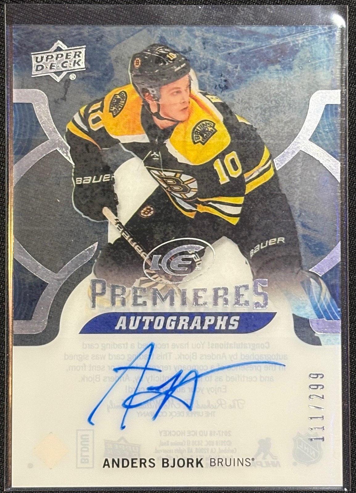 2018-19 Upper Deck Ice #IPA-AB Anders Bjork 2017-18 #/299 Auto Premieres