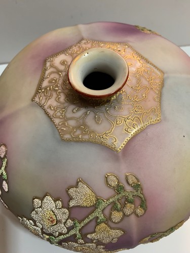 Antique Large Nippon Porcelain Vase Floral Coralene Gold Trim Rare - Picture 9 of 16