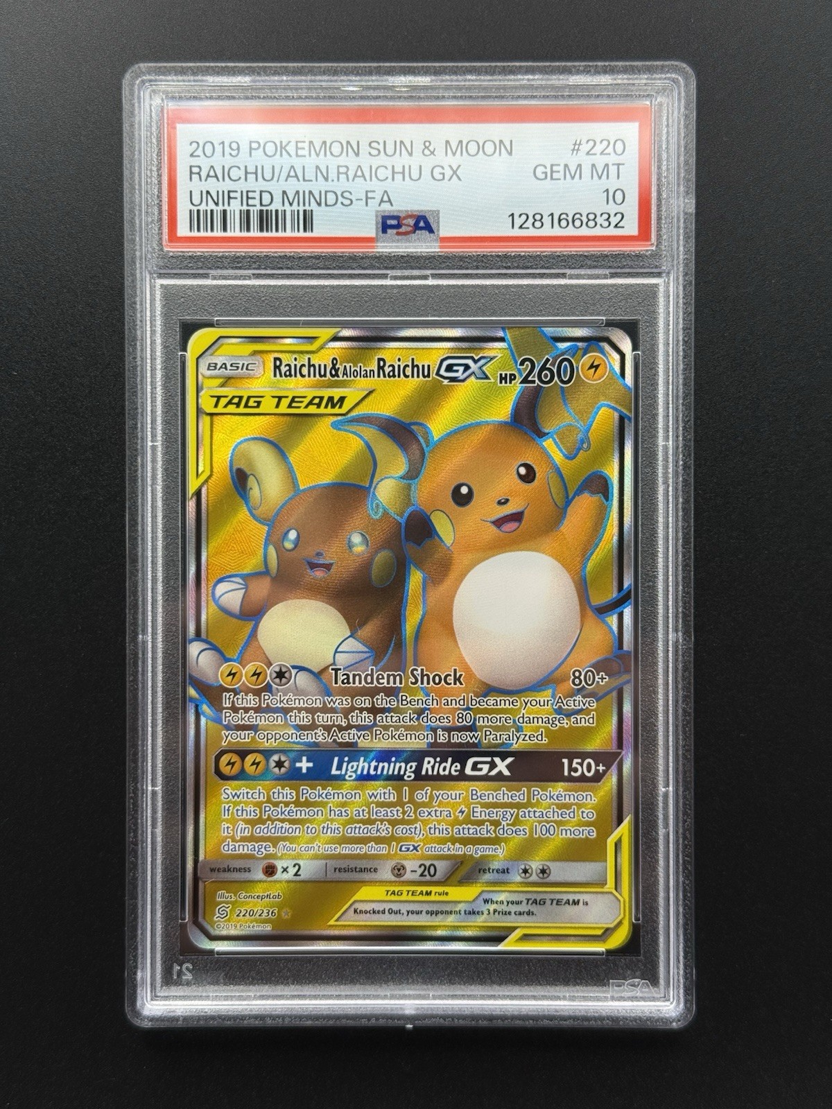 Raichu & Alolan Raichu GX (Full Art) 220/236 Sm-Unified Minds Holo - PSA 10