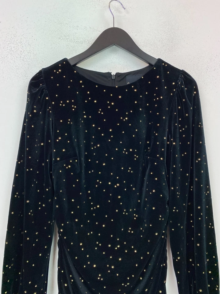 Phase Eight Black Velvet Star Print Mini Dress Ruched Long Sleeve Zip Back UK 10 - Image 4 of 4