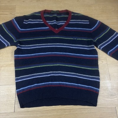Fred Perry V-Neck 100% Wool Jumper Vintage Striped Retro Red Blue XL Mod Ska