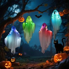 4 Pcs Halloween Hanging Ghost Decorations,Color-Changing Light Up Ghost with Aut