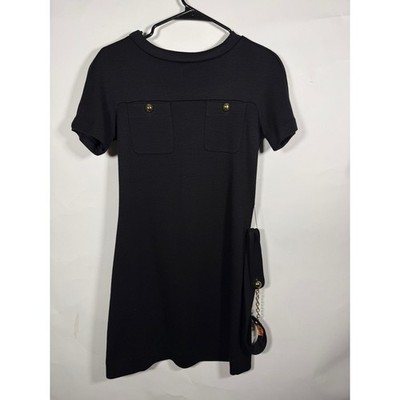 Tory Burch Black Wool Blend Short Sleeve Shift Dress Gold Button Pockets XS
