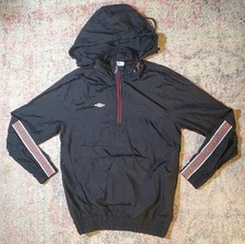 Black Umbro Premier 1/4 Zip Pullover Hooded Nylon Windbreaker-Logo Sleeve Trim
