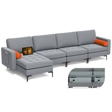 Modular L-shaped Sectional Sofa w/ Reversible Chaise  4 USB Ports Ash Grey