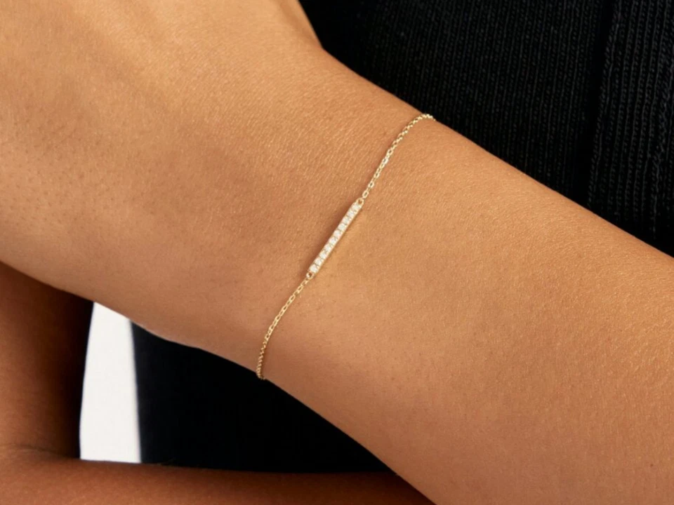 Brazalete Barra Diamante Oro 14K Brazalete Oro Sólido Para Mujer Diamante Joyería Regalo Foto 2 de 4