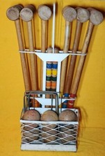 VINTAGE 6 PLAYER WOOD CROQUET SET IN METAL RACK