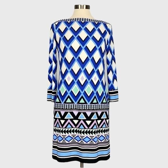 Eliza J Womens Geometric Border Print Jersey Knit Shift Dress Blue size 6 | eBay Eliza J Womens Geometric Border Print Jersey Knit Shift Dress Blue size 6 | eBay