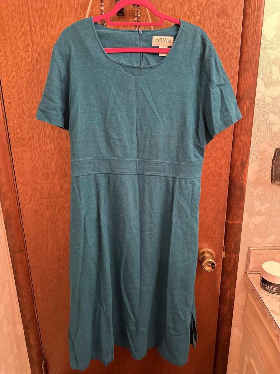 Orvis Womens Plus Teal Green Blue Linen Rayon Blend Midi Dress Size 20 w/  Belt