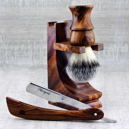 Kit de afeitado de madera para salón de peluquería cepillo de pelo sintético corte garganta maquinilla de afeitar recta - Imagen 2 de 3