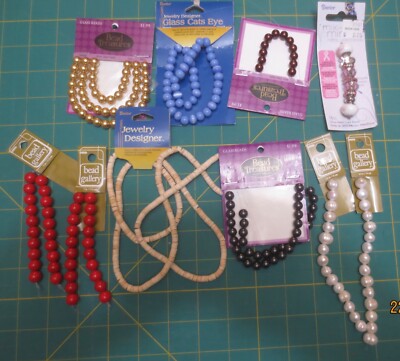 8 NIP Bead Strands- Glass - Metal Lined -Pearl - Stone -Cat's Eye -Coco Beads &