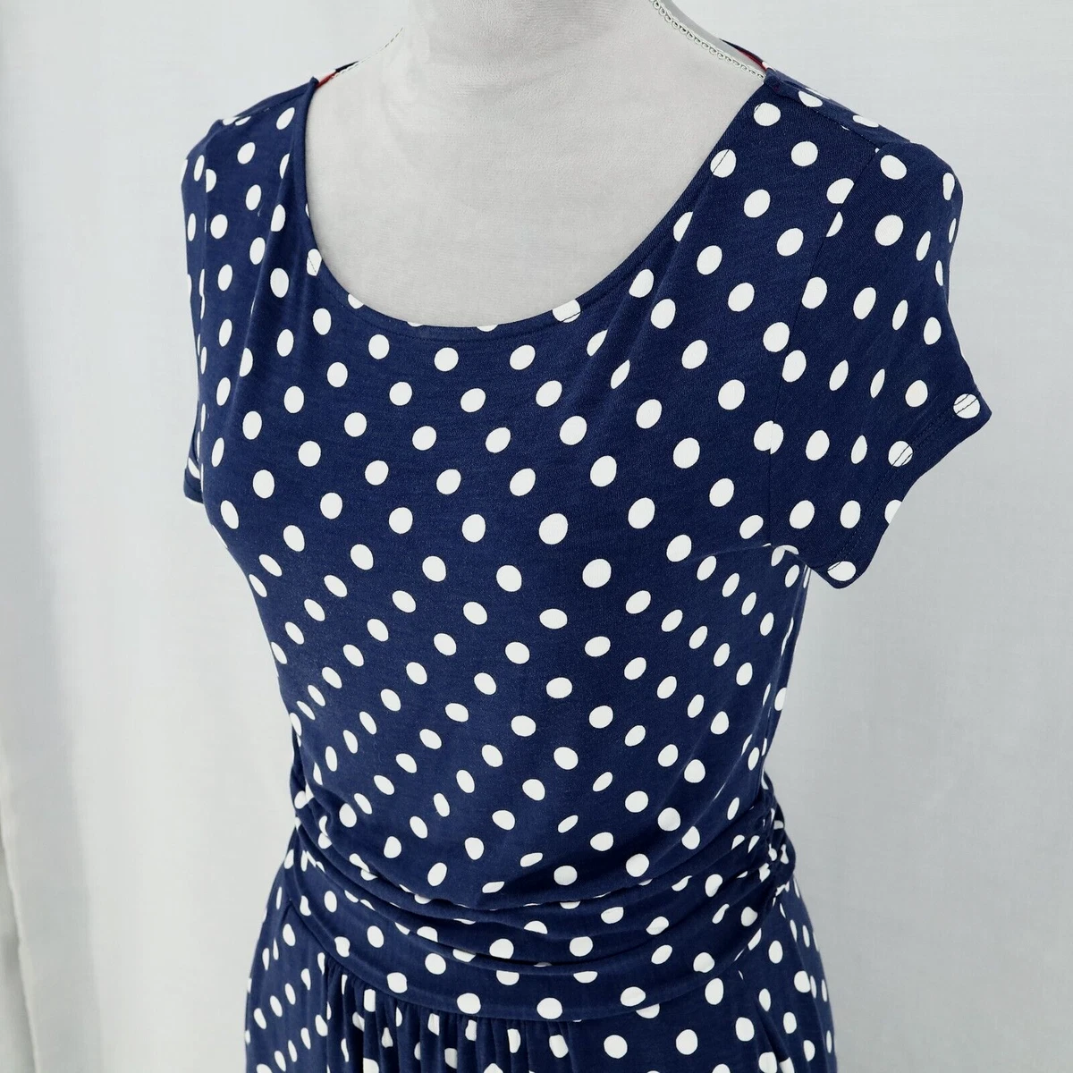 Boden Navy Blue White Polka Dot Dress Size 4 Womens 4R Midi Stretch Knit Pockets