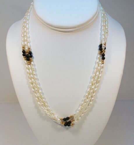 Fine Vintage Estate Signed 14K Gold Clasp REAL BAROQUE PEARL ONYX Bead Necklace - Picture 1 of 8