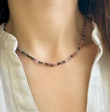 Natural 2mm Rainbow Fluorite Tourmaline Choker Healing Energy Necklace Gifts