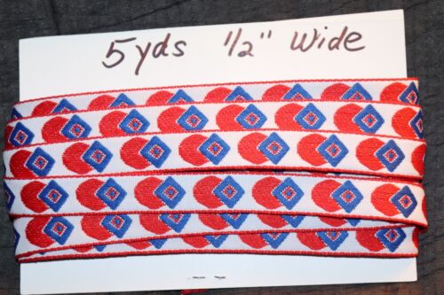 Vtg 5yds x 1/2" Jacquard Woven Geometric Ribbon Embroidered TRIM Red,White/Blue - Picture 2 of 11