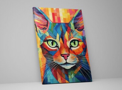 Geometrische Katze Abstrakt Kätzchen Bunt Leinwand Wand Pop Art Dekor Gerahmter Druck