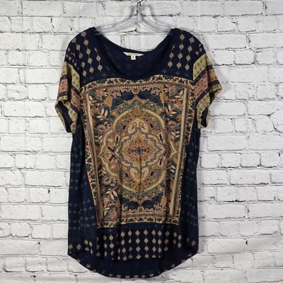 Lucky Brand Women's XL Blue Boho Print Stretch Lightweight Top