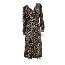 Michael Kors Women's Sz L Animal Kate Belted Midi Dress Long Sleeve Button Down