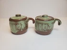 Pair of Vintage Frankoma Pottery Barrell Crocks with Lids Green/Brown *CHIP*