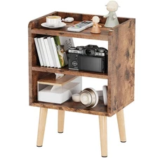Mid Century Modern Bedside Tables, 3-Tier Rustic Brown Nightstands, Storage