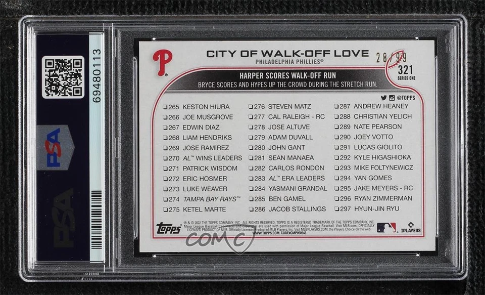 2022 Topps Series 1 Vintage Stock /99 Bryce Harper Checklist #321 PSA 10 GEM MT - Image 2 of 2