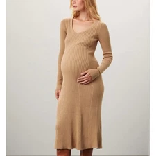 Hatch Beige Midi Maternity Dress SMALL Basic Ribbed Knit Career Cotton Work $300