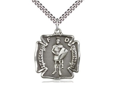 Pewter Saint Florian Firefighter Medal Pendant Necklace 24'' Chain GiftBox