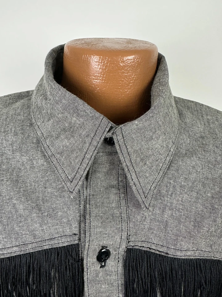 Винтажная мужская рубашка вестерн XL сужающаяся бахрома ручной работы шамбре на пуговицах черная - Изображение 3 из 4