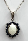 Vintage Sterling Silver Opal  Blue  CZ Petite Halo Pendant & Chain Necklace 18"