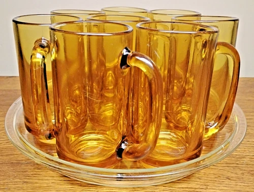 8 Vintage Hazel Atlas Amber Glass D-Shaped Handle Mug &Clear Glass Pyrex 11"Tray