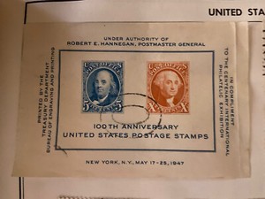 1947 100TH ANNIVERSARY U.S POSTAGE STAMPS SOUVENIR SHEET - excellent shape