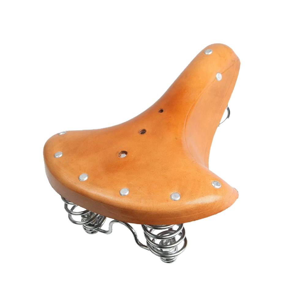 Brown Retro Bike Saddle Vintage Classic Real Genuine Leather Bicycle Spring Seat - Image 2 of 4