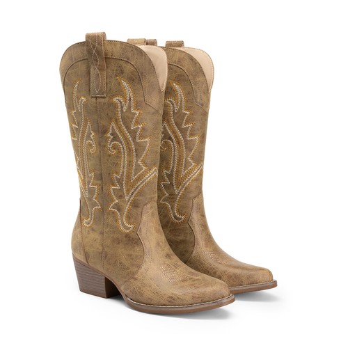 Women Western Mid Calf Boots Pointed Toe Low Heel Cowboy Cowgirls Boots - Picture 33 of 58