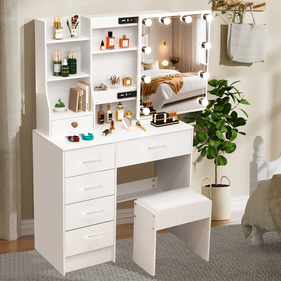 Modern Dressing Table Set w/ LED Lights Mirror and 6 Drawers & Stool Vanity Desk - Image 3 of 4