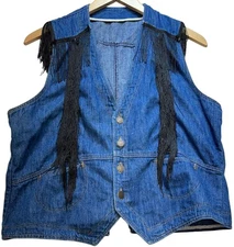 Womens Button Front Denim Vest M/L Sleeveless Stretch Blue Black Fringe