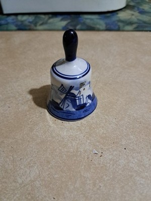Bell Hand Painted Waterscape Scene Fern Leaf Vintage Delft Blue Colour Porcelain