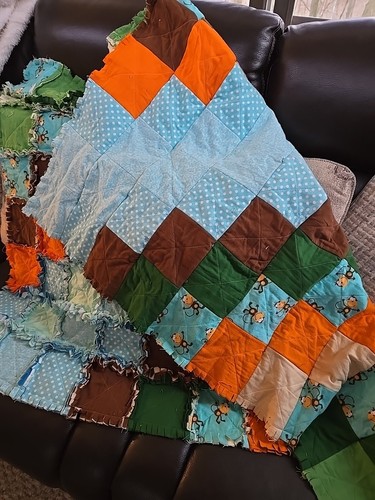 NEW Rag Quilt Baby Child Blanket 55" x 50" Monkey Blues Wht Grn Brn Org Handmade - Picture 5 of 19
