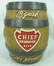 WOW "B'gosh it's good" CHIEF OSHKOSH BEER Chalk Barrel Keg BANK bar pub promo 8"