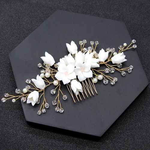 Handmade White Polymer Clay Flower Hair Comb Bridal Pearl Crystal Beads Comb - Imagen 9 de 12
