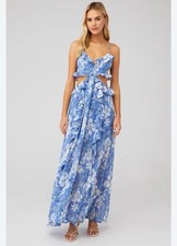 New ASTR Palace Maxi Dress In Blue & White Floral Size M Ruffle cut out