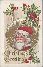 Christmas Greeting-Red Santa surrounded by Holly Branches 1912